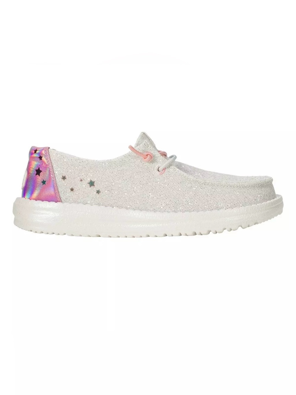 🆕 Hey Dude Wendy Iridescent Silver Shoes Youth J6 Girls Slip-On